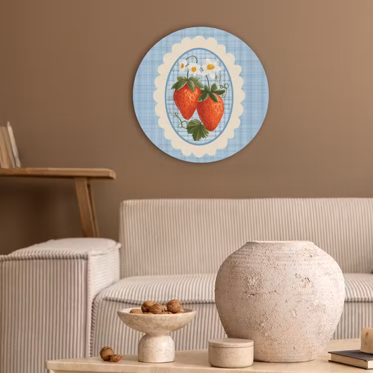 Aardbeien - Lijst - Rood - Geruit Akoestische PET Vilt - Rond klein -sfeer1