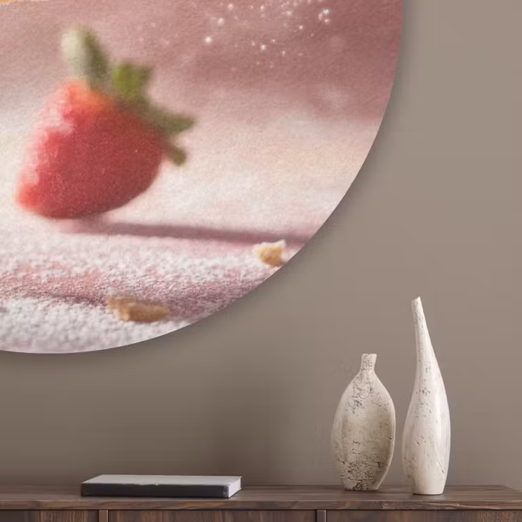 Aardbei - Taart- Eten - Roze Akoestische PET Vilt - Rond klein -sfeer5_closeup