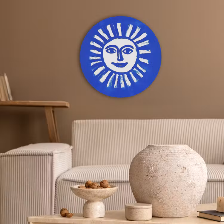 Zon - Gezicht - Penseelstructuur - Blauw Akoestische PET Vilt - Rond klein -sfeer1
