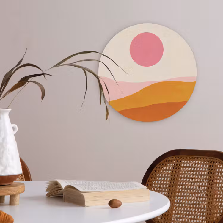 Zon - Heuvels - Abstract - Roze Akoestische PET Vilt - Rond klein -sfeer3
