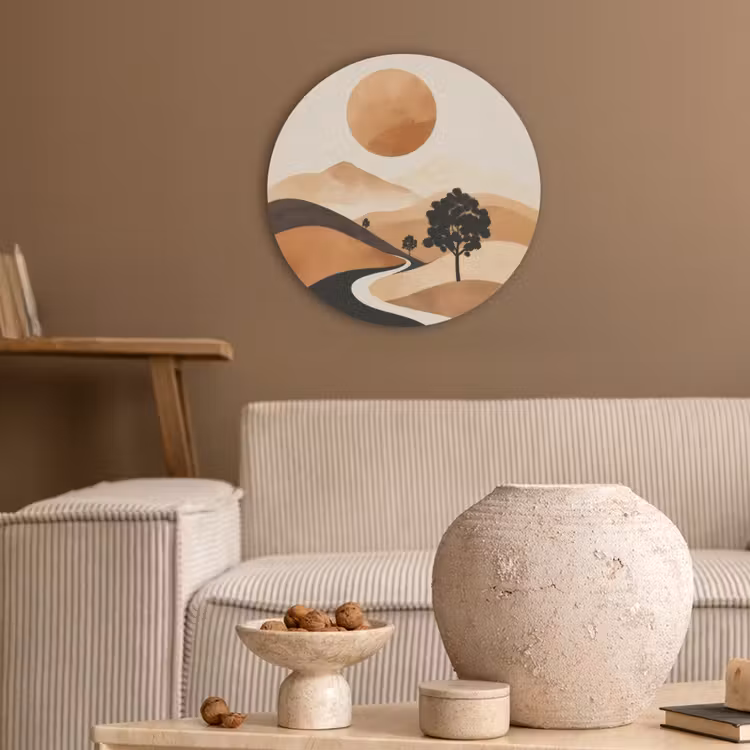 Zon - Heuvels - Boom - Abstract Akoestische PET Vilt - Rond klein -sfeer1