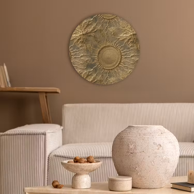 Zon - Reliëf - Antiek - Goud Akoestische PET Vilt - Rond klein 838 -sfeer1