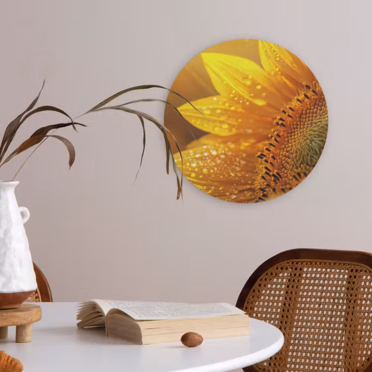 Zonnebloem - Dauwdruppels - Geel - Zonlicht Akoestische PET Vilt - Rond klein -sfeer3