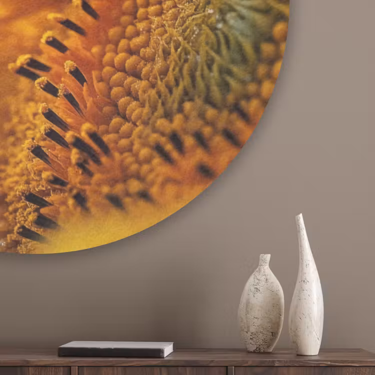 Zonnebloem - Dauwdruppels - Geel - Zonlicht Akoestische PET Vilt - Rond klein -sfeer5_closeup