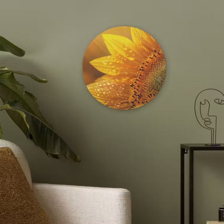 Zonnebloem - Dauwdruppels - Geel - Zonlicht Akoestische PET Vilt - Rond klein -sfeer2