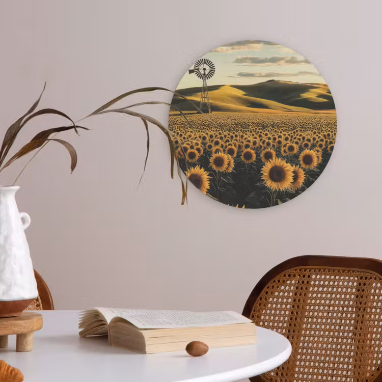 Zonnebloem - Veld - Windmolen Akoestische PET Vilt - Rond klein -sfeer3