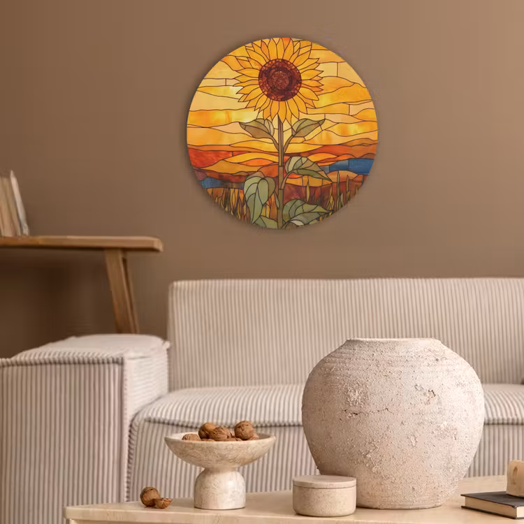 Zonnebloem - Mozaïek - Zonsondergang - Geel Akoestische PET Vilt - Rond klein -sfeer1