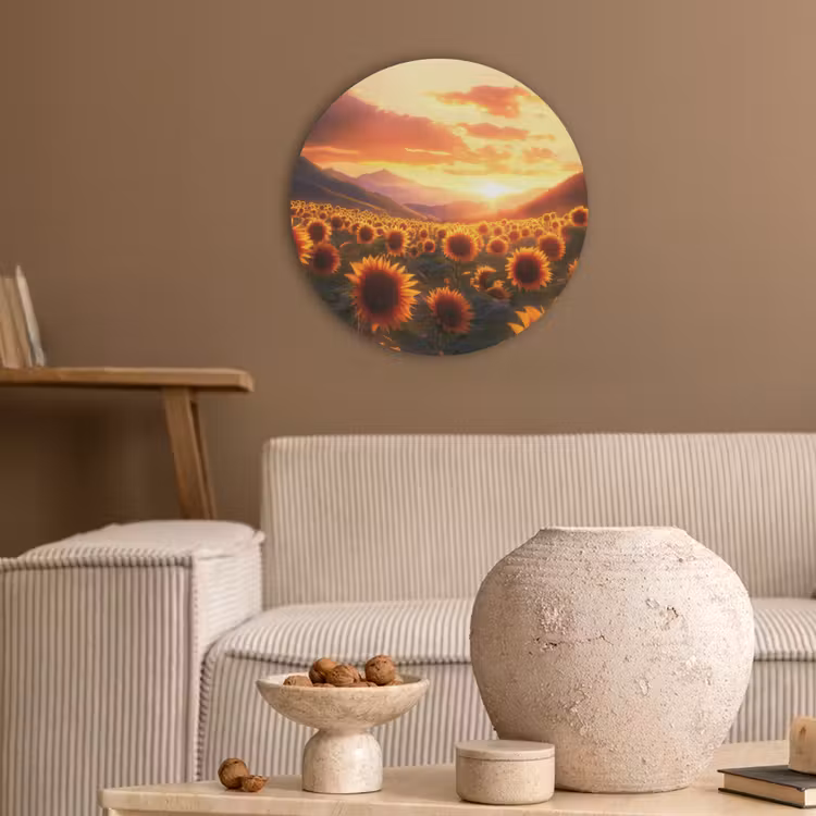 Zonnebloemen - Zonsondergang - Landschap Akoestische PET Vilt - Rond klein -sfeer1