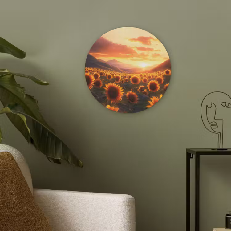 Zonnebloemen - Zonsondergang - Landschap Akoestische PET Vilt - Rond klein -sfeer2