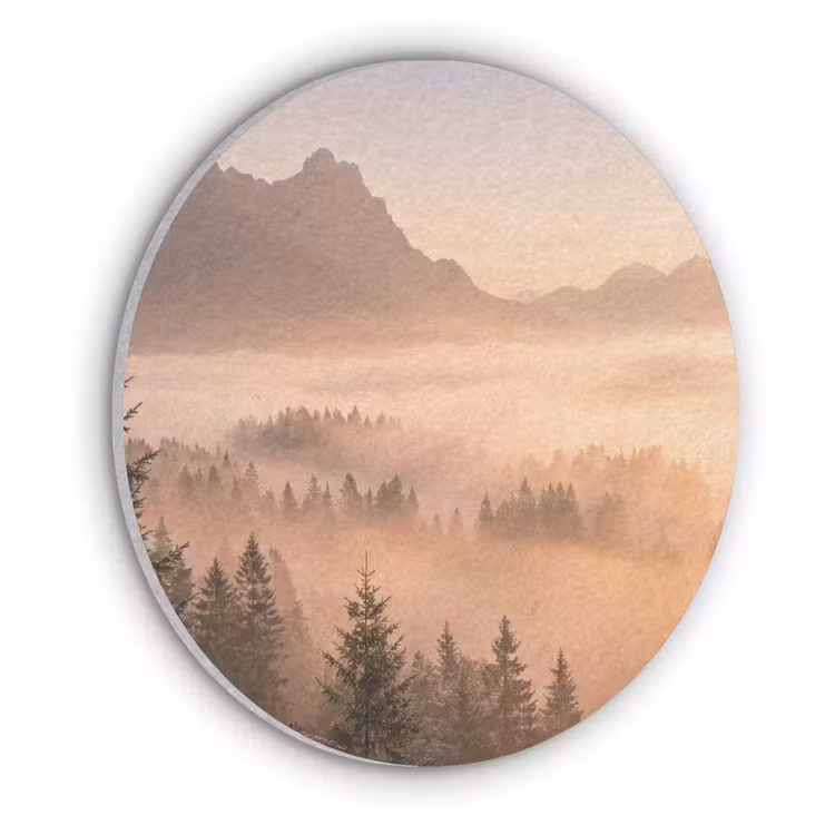 Zonlicht - Mist - Bergen - Bomen Akoestische PET Vilt - Rond klein -3d