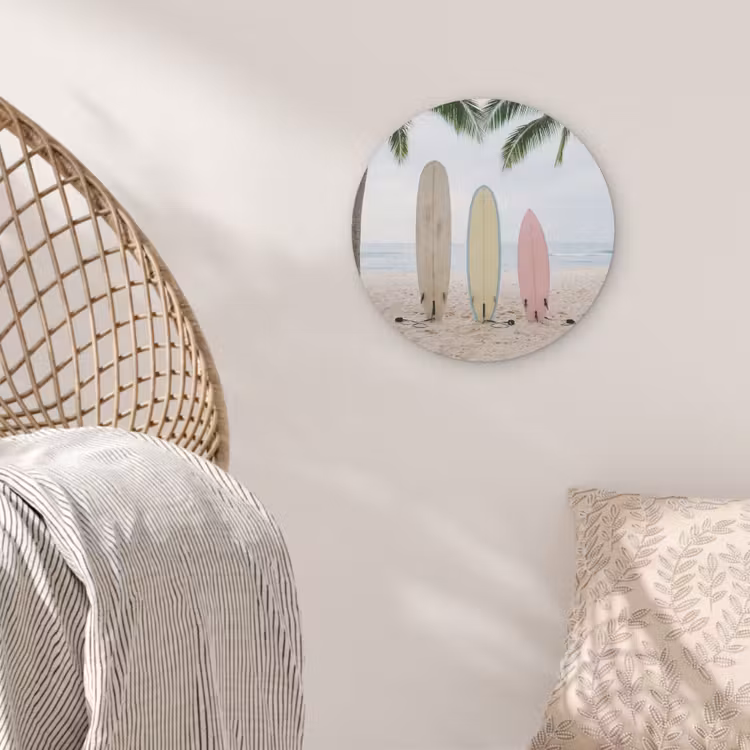 Surfboard - Palmbomen - Kleurrijk Akoestische PET Vilt - Rond klein -sfeer4