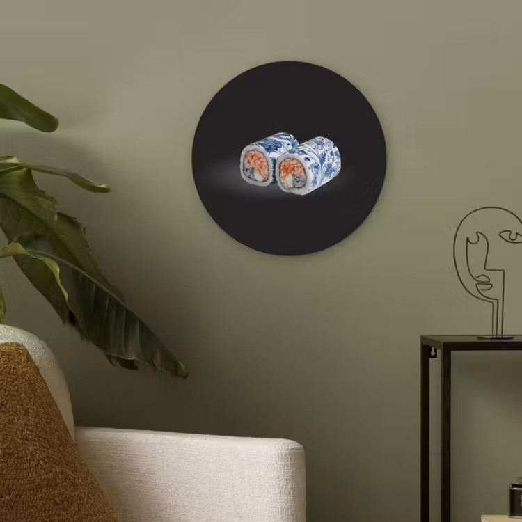 Sushi - Delfts blauw - Rijst - Vis - Elegant Akoestische PET Vilt - Rond klein -sfeer2