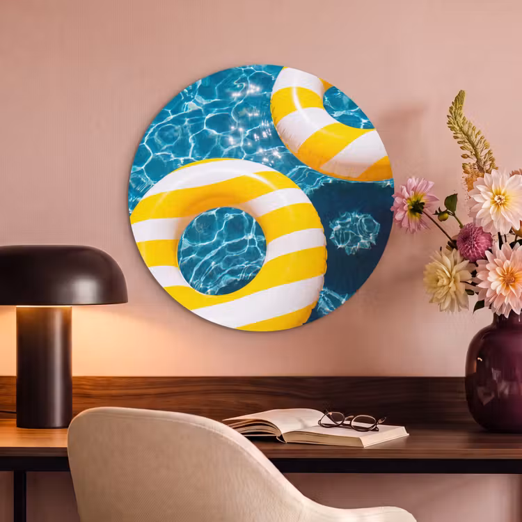 Zwembad - Zwembanden - Zomer - Geel - Blauw Akoestische PET Vilt - Rond klein -sfeer3