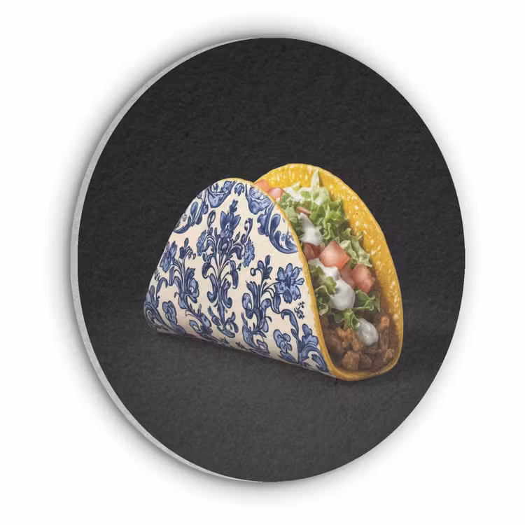 Taco - Vlees - Salade - Delftsblauw - Motief Akoestische PET Vilt - Rond klein -3d