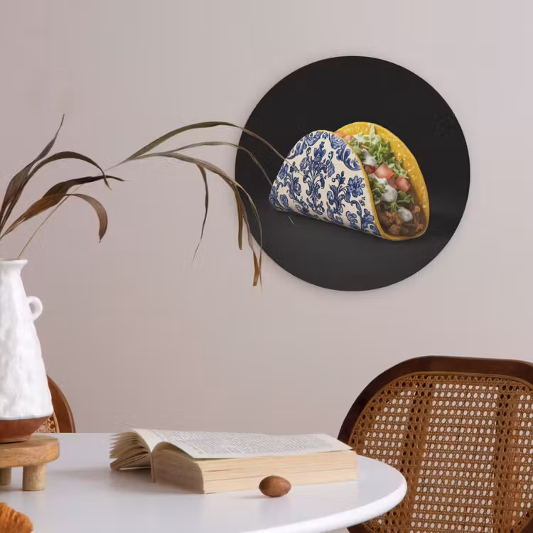 Taco - Vlees - Salade - Delftsblauw - Motief Akoestische PET Vilt - Rond klein -sfeer3