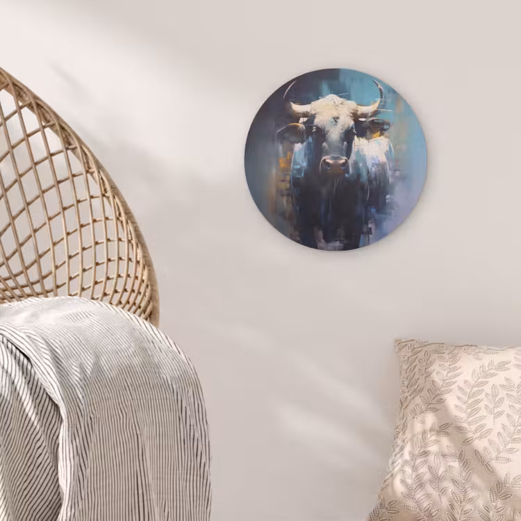 Stier - Zwart - Abstract - Horens Akoestische PET Vilt - Rond klein -sfeer4