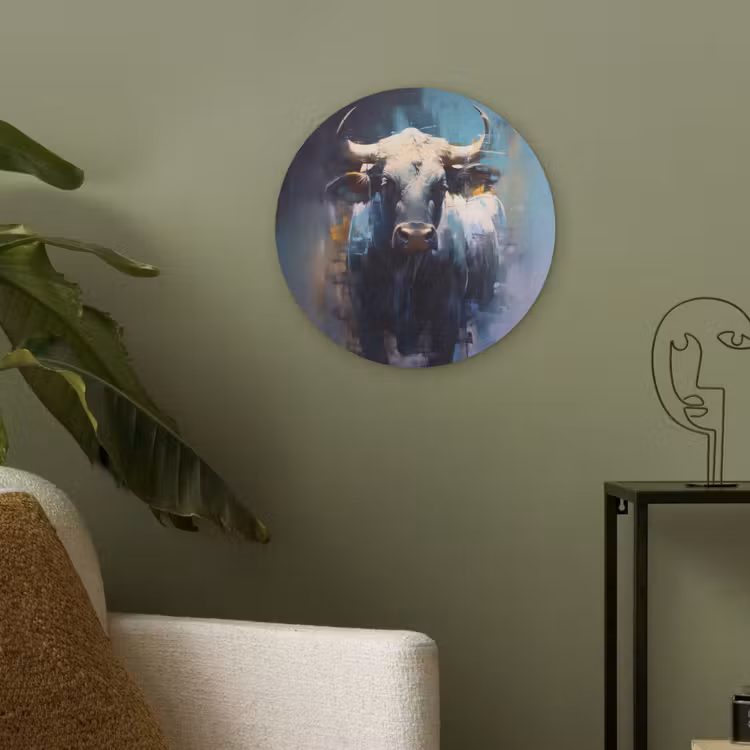Stier - Zwart - Abstract - Horens Akoestische PET Vilt - Rond klein -sfeer2