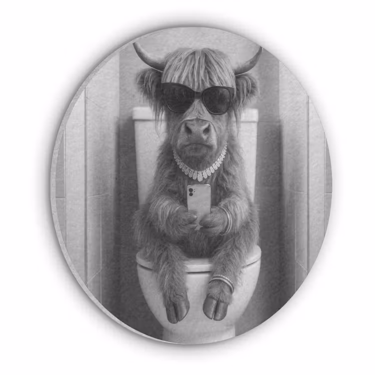 Stier - Telefoon - Toilet - Zwart - Wit Akoestische PET Vilt - Rond klein -3d