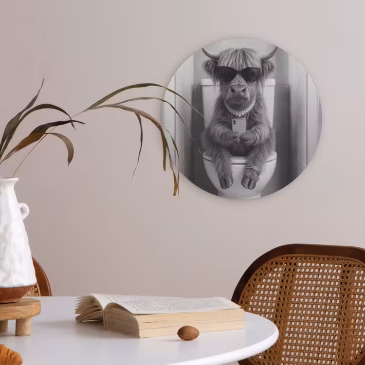 Stier - Telefoon - Toilet - Zwart - Wit Akoestische PET Vilt - Rond klein -sfeer3