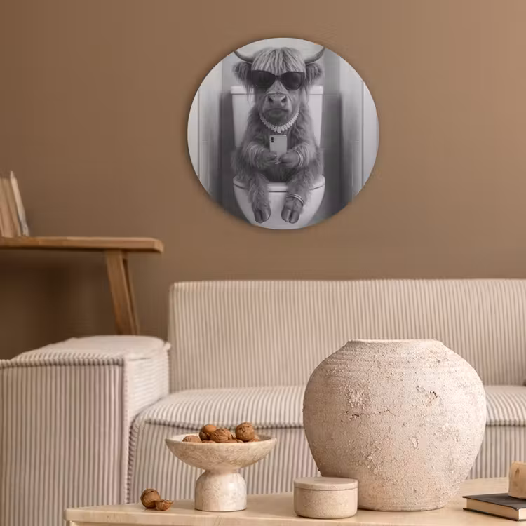 Stier - Telefoon - Toilet - Zwart - Wit Akoestische PET Vilt - Rond klein -sfeer1