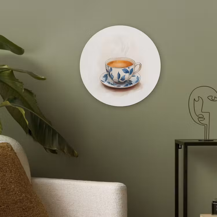 Theekop - Bladeren - Blauw Akoestische PET Vilt - Rond klein -sfeer2