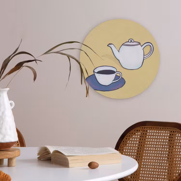Theepot - Kopje - Beige - Illustratie Akoestische PET Vilt - Rond klein -sfeer3