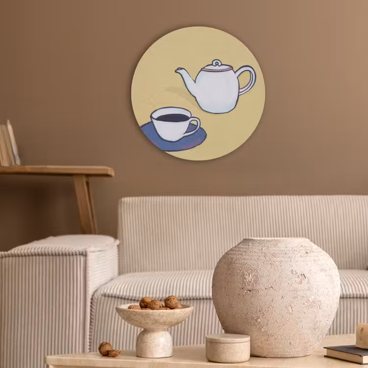Theepot - Kopje - Beige - Illustratie Akoestische PET Vilt - Rond klein -sfeer1