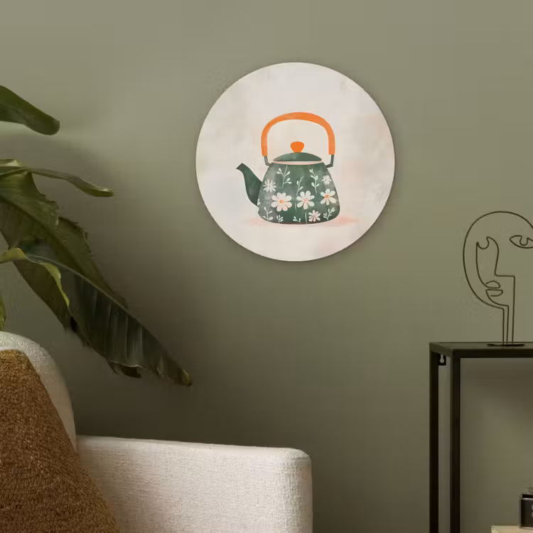 Theepot - Groen - Bloemen - Oranje Akoestische PET Vilt - Rond klein -sfeer2