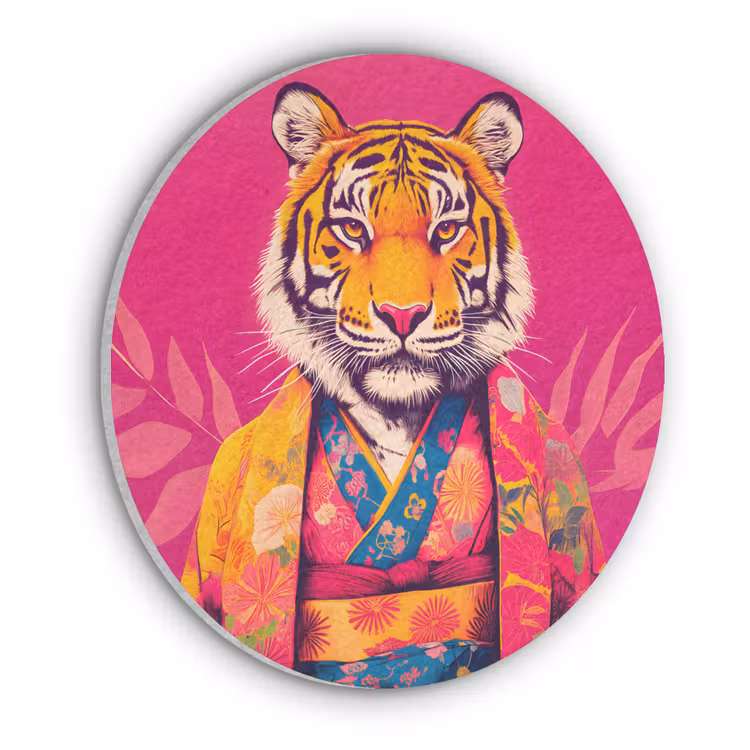 Tijger - Kimono - Planten - Roze Akoestische PET Vilt - Rond klein -3d