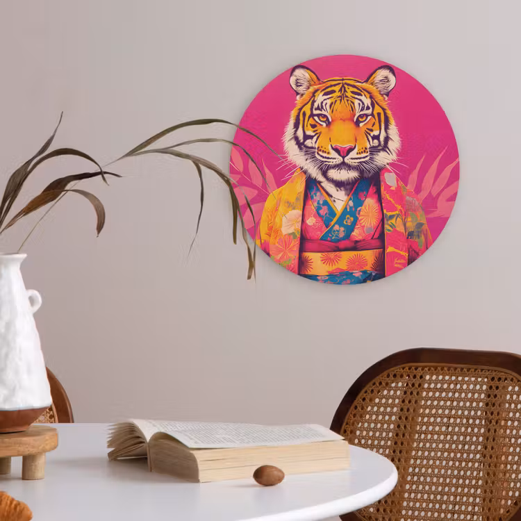 Tijger - Kimono - Planten - Roze Akoestische PET Vilt - Rond klein -sfeer3