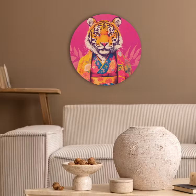 Tijger - Kimono - Planten - Roze Akoestische PET Vilt - Rond klein -sfeer1