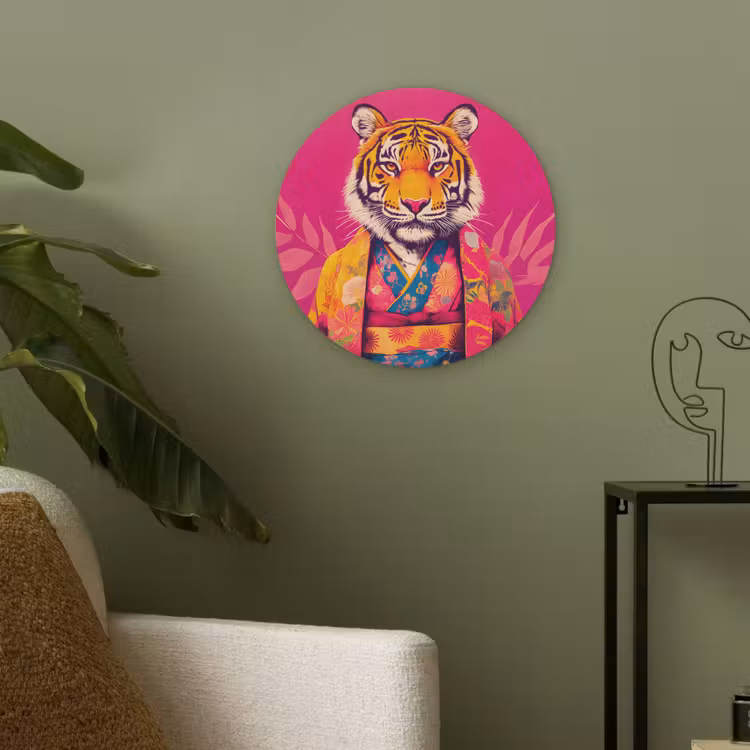 Tijger - Kimono - Planten - Roze Akoestische PET Vilt - Rond klein -sfeer2