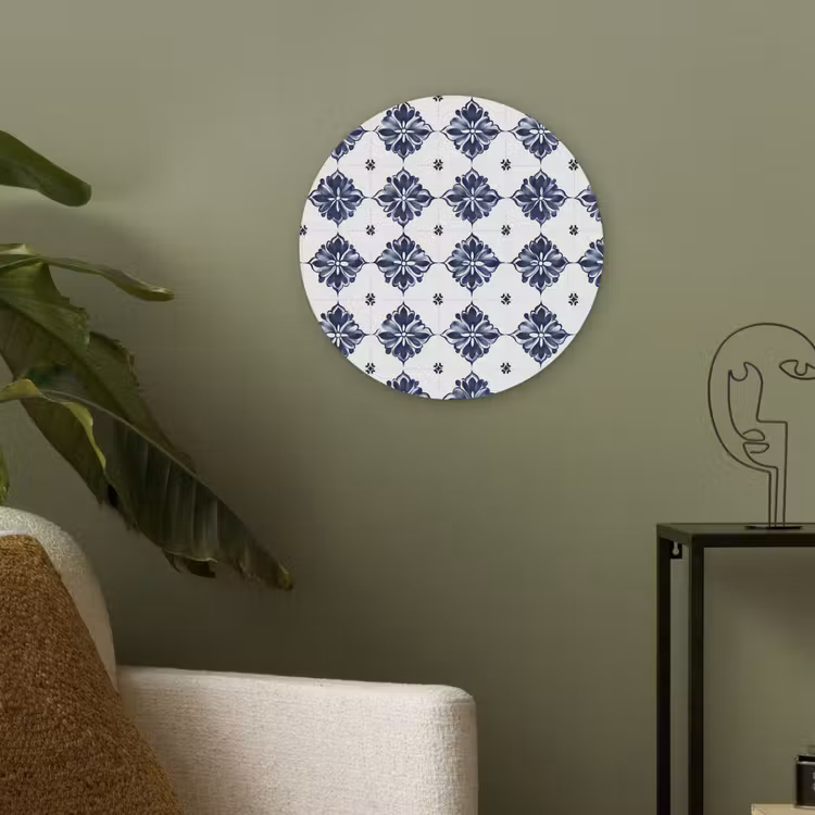 Tegelmotief - Blauw - Wit - Bloem Akoestische PET Vilt - Rond klein 838 -sfeer2