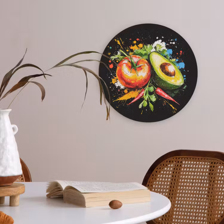 Tomaat - Avocado - Peper - Graffiti - Verf - Modern Akoestische PET Vilt - Rond klein -sfeer3