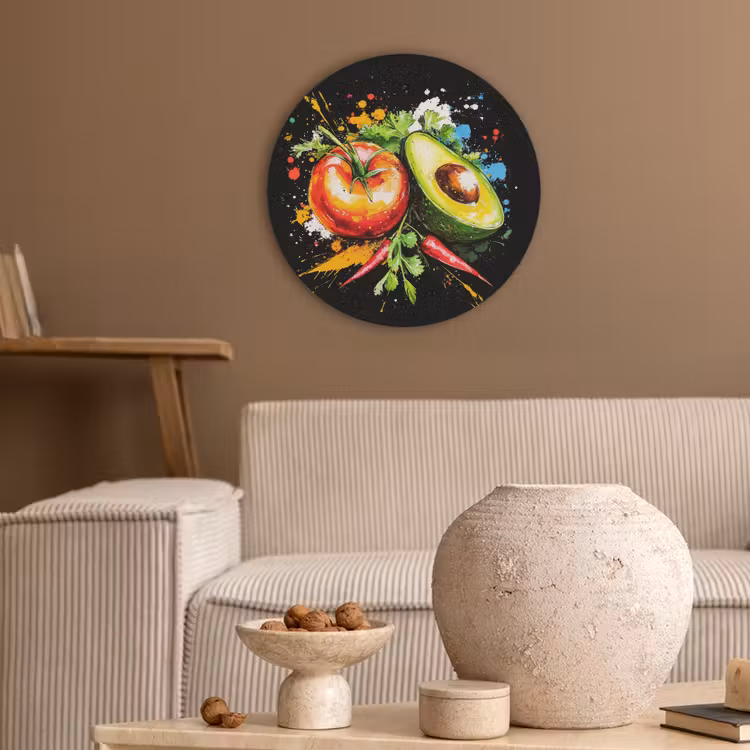 Tomaat - Avocado - Peper - Graffiti - Verf - Modern Akoestische PET Vilt - Rond klein -sfeer1