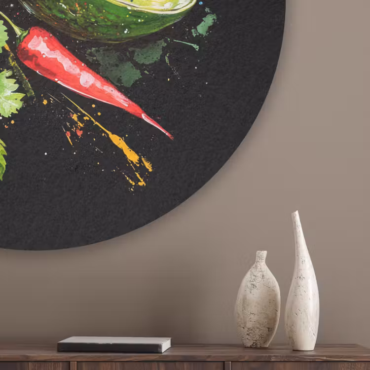 Tomaat - Avocado - Peper - Graffiti - Verf - Modern Akoestische PET Vilt - Rond klein -sfeer5_closeup