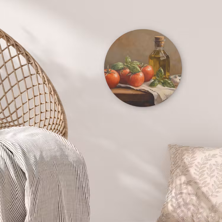 Tomaten - Olijfolie - Stilleven Akoestische PET Vilt - Rond klein -sfeer4