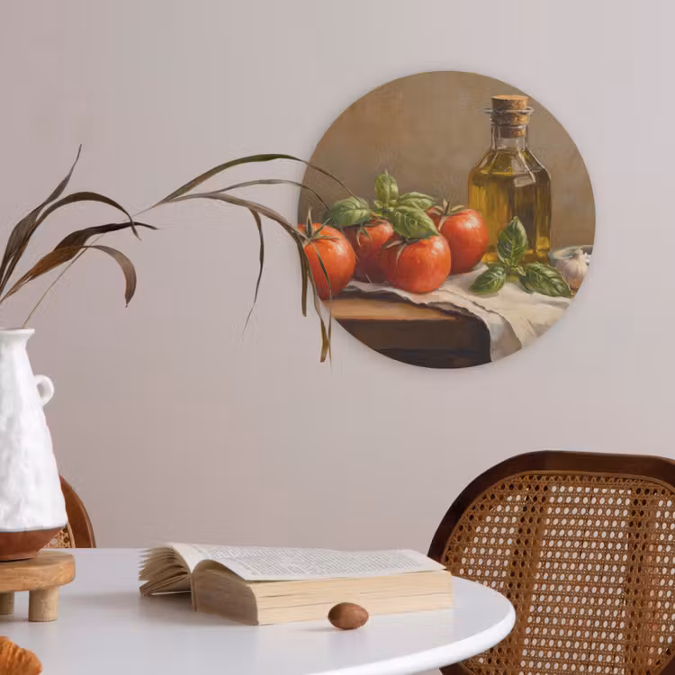 Tomaten - Olijfolie - Stilleven Akoestische PET Vilt - Rond klein -sfeer3
