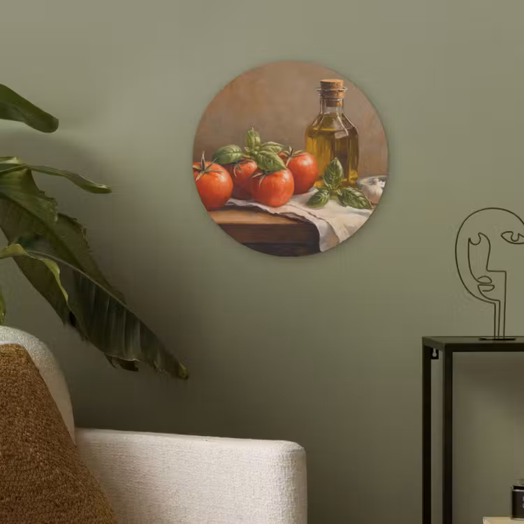 Tomaten - Olijfolie - Stilleven Akoestische PET Vilt - Rond klein -sfeer2