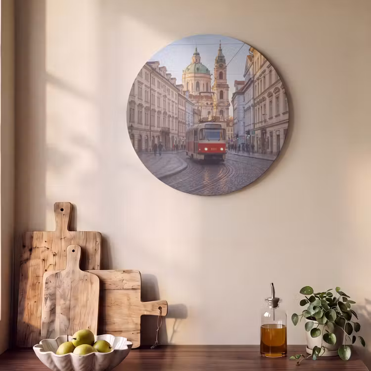 Tram - Straat - Stadsgezicht - Klassiek - Rood Akoestische PET Vilt - Rond klein -sfeer2