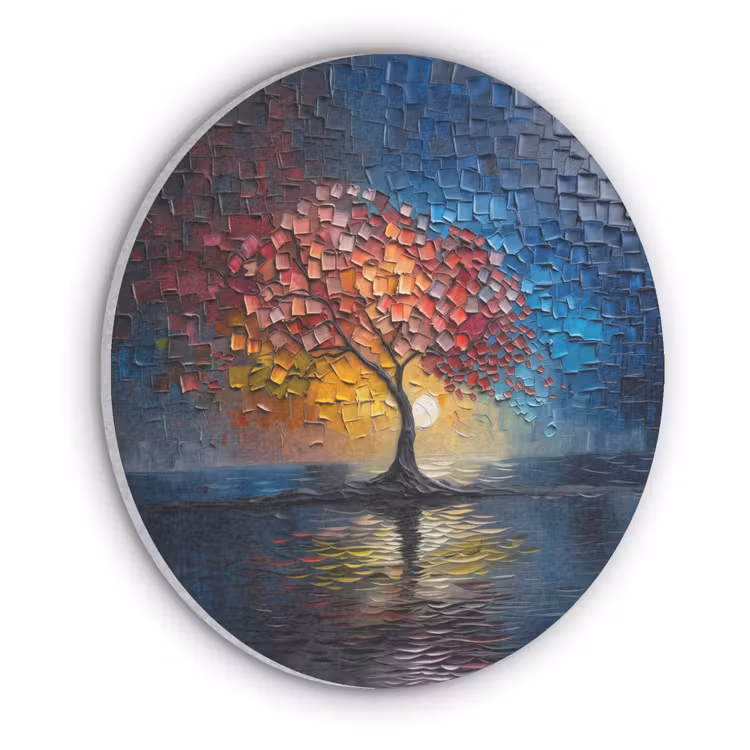 Boom - Blauw - Bladeren - Vakken Akoestische PET Vilt - Rond klein -3d