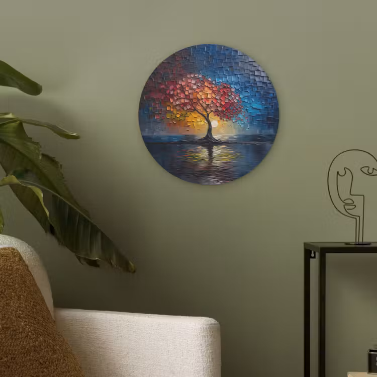 Boom - Blauw - Bladeren - Vakken Akoestische PET Vilt - Rond klein -sfeer2