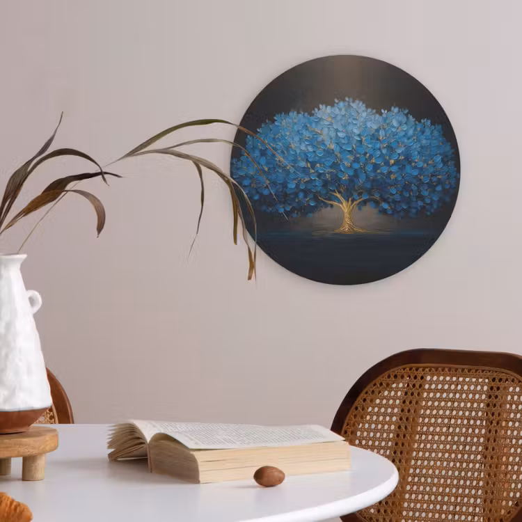 Boom - Blauw - Bladeren - Penseelstreken Akoestische PET Vilt - Rond klein -sfeer3