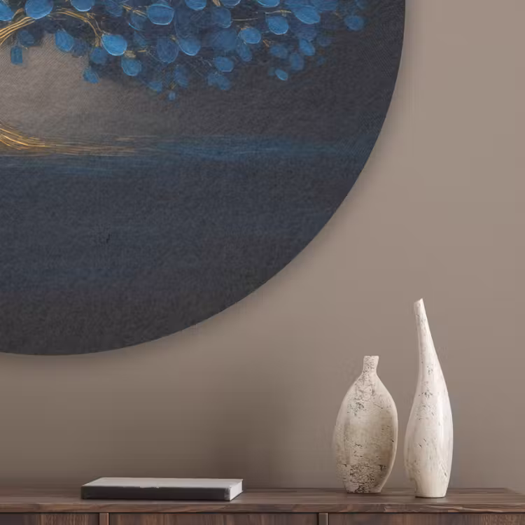 Boom - Blauw - Bladeren - Penseelstreken Akoestische PET Vilt - Rond klein -sfeer5_closeup