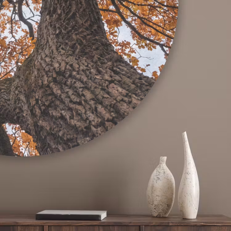 Boom - Bladerdak - Herfst - Oranje - Sfeervol Akoestische PET Vilt - Rond klein -sfeer5_closeup