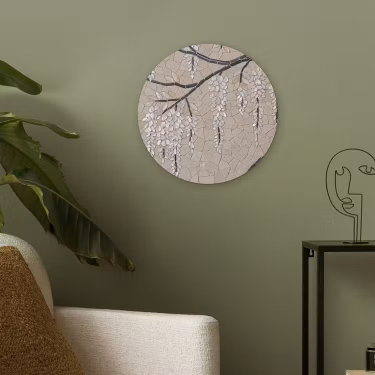 Boom - Bloemen - Mozaïek - Kunst - Wit Akoestische PET Vilt - Rond klein -sfeer2