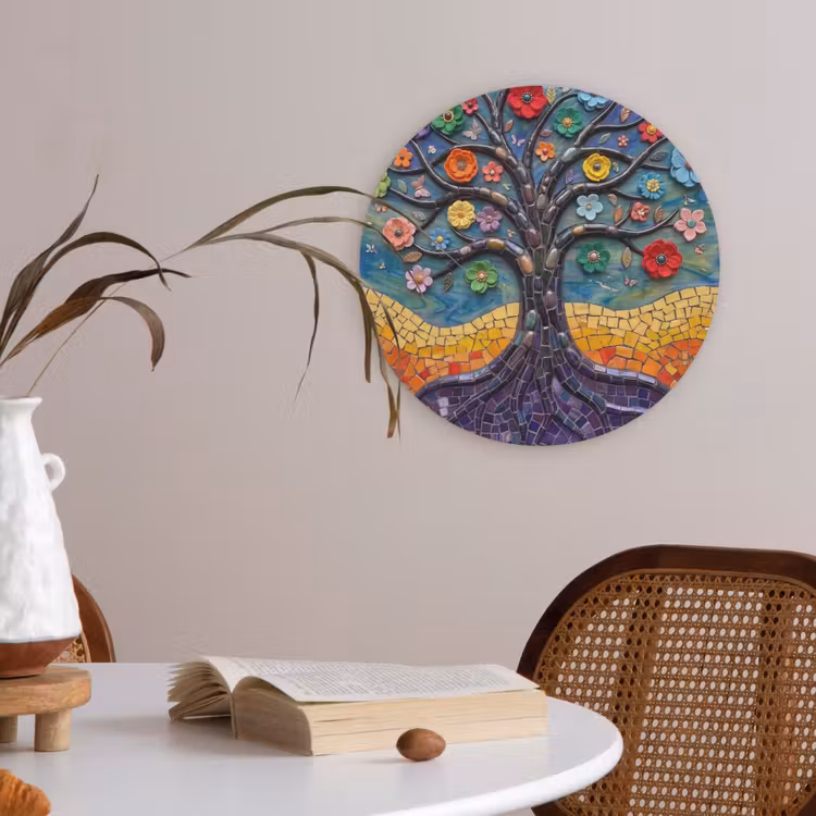 Levensboom - Mozaïek - Bloemen - Kleurrijk - Vrolijk Akoestische PET Vilt - Rond klein -sfeer3
