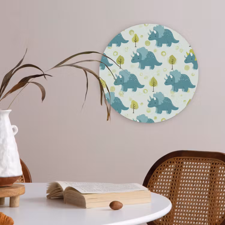 Triceratop - Blauw - Stippen - Boompjes Akoestische PET Vilt - Rond klein -sfeer3