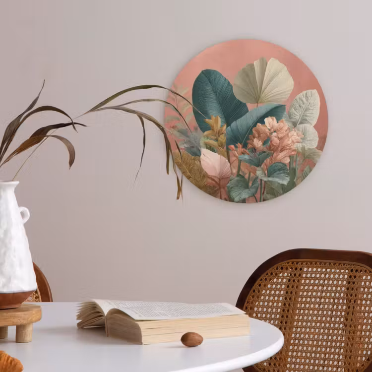 Tropische bladeren - Bloemen - Roze - groen Akoestische PET Vilt - Rond klein -sfeer3
