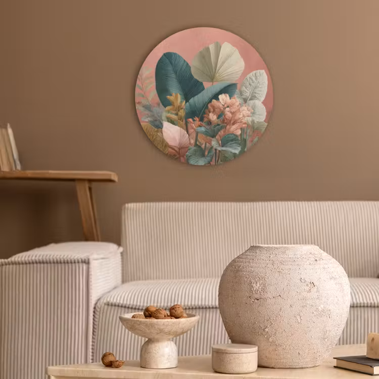 Tropische bladeren - Bloemen - Roze - groen Akoestische PET Vilt - Rond klein -sfeer1